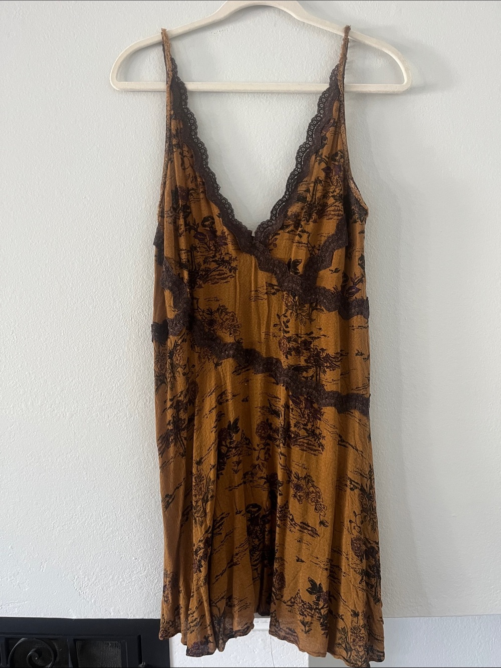 Free People Brown & Plum Lace Trim Slip Dress